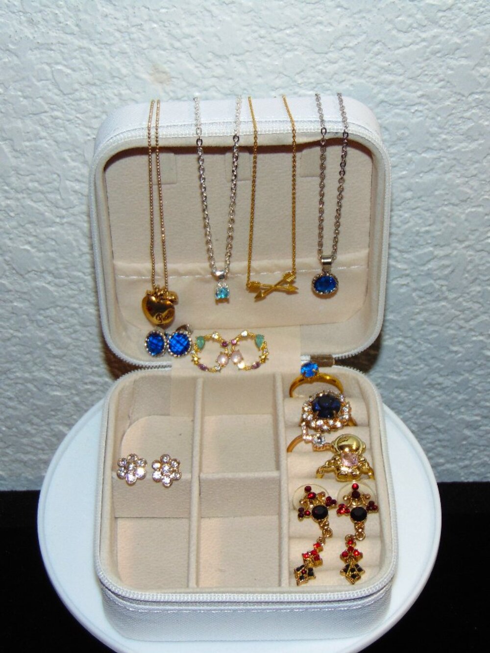 White Jewelry Box Organizer with Necklaces, Earrings, and Rings